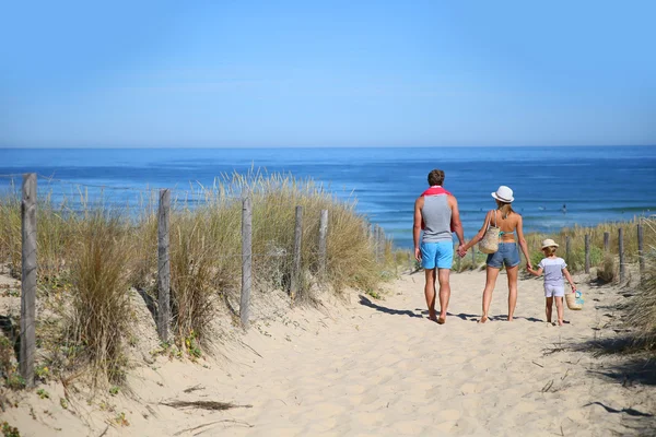 Familjevandring till stranden en solig dag — Stockfoto