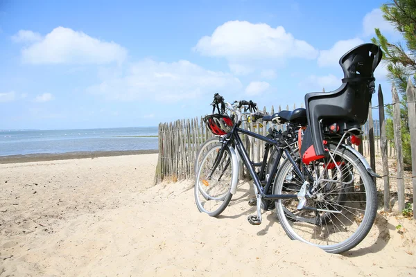 Bicycles leaning on fence — Stock Photo, Image