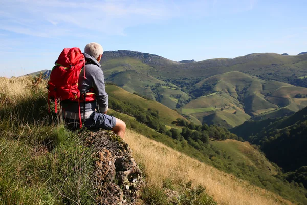 Caminante sentado en una roca admirando — Foto de Stock