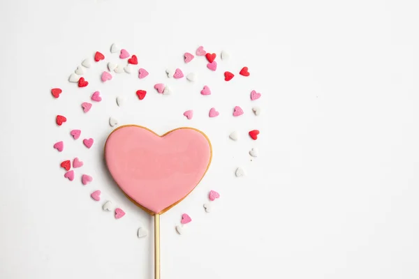 Sweet Heart Stick White Background Pink Cookies Valentine Day — Stock Photo, Image