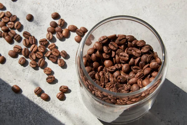 Glass Jar Coffee Beans Concrete Gray Table Top View Copy — Stock Photo, Image