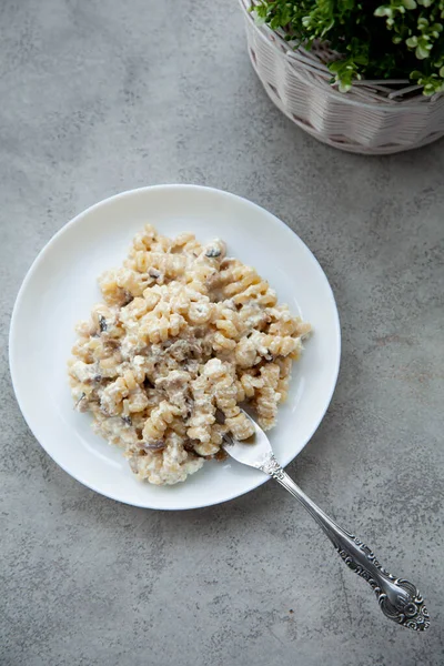 Delicious Dish Fusilli Pasta Creamy Mushroom Sauce Gray Stone Table — Stock Photo, Image