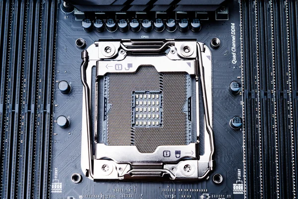 CPU socket on the motherboard. Top view. Toned image — Stock Photo, Image