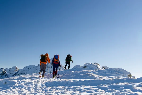 Grupo de excursionistas en las montañas de invierno, hermoso paisaje y azul s Imagen de archivo