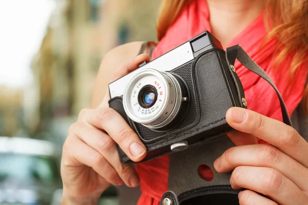 Woman photographer with old lomo camera. — Stock Photo, Image