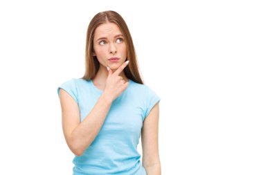 -İzole üzerinde beyaz arıyorum güzel düşünceli kadın.