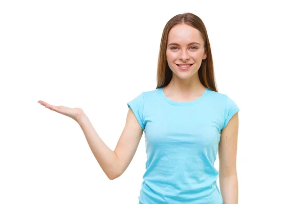 Young woman presenting something with open hand isolated on whit — Stock Photo, Image