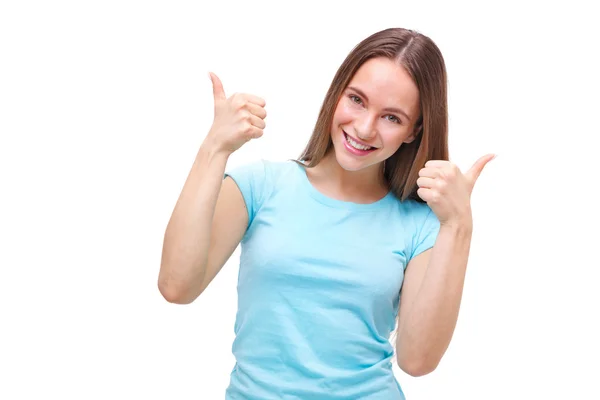 Retrato de uma mulher mostrando polegares para cima sinal e sorrindo isolado — Fotografia de Stock