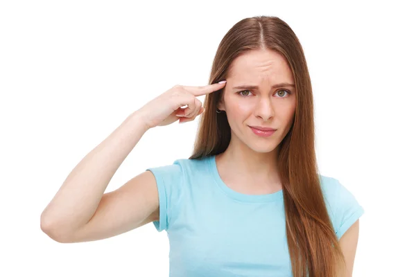 Estás doido? Jovem bela mulher gesticulando dedo contra ele — Fotografia de Stock