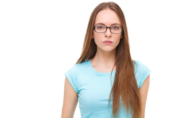 Schöne junge Frau mit Brille Porträt isoliert auf weiß. — Stockfoto