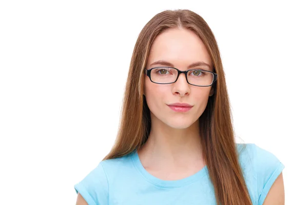 Schöne junge Frau mit Brille Porträt isoliert auf weiß. — Stockfoto