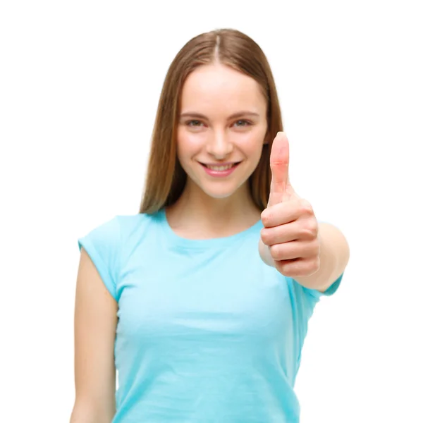 Retrato de uma mulher mostrando polegares para cima sinal e sorrindo isolado — Fotografia de Stock