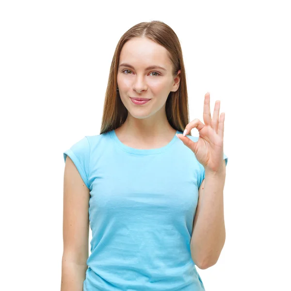 Bir kadın gösteren ok işareti ve üzerinde beyaz izole gülümseyen portre — Stok fotoğraf