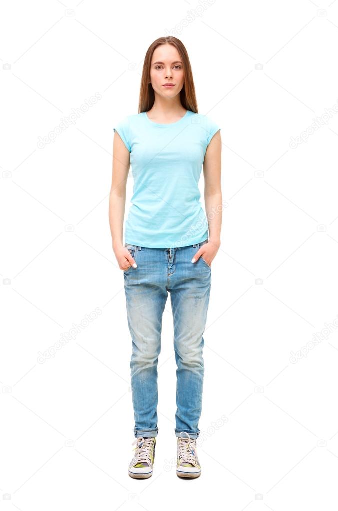 Full length portrait of young girl in casual clothing isolated o