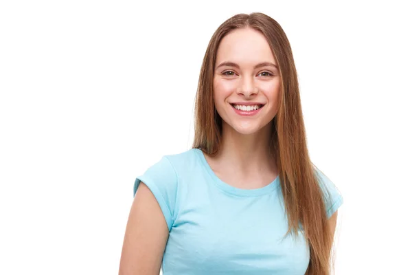 Retrato bela jovem mulher isolada no branco . — Fotografia de Stock