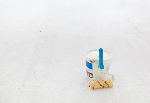 Seau de peinture avec brosse à rouleaux sur blanc . — Photo
