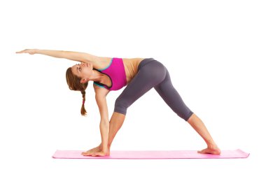 Yoga - beyaz izole yaparken genç güzel kadın.