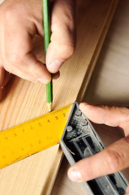 Cetvel ve kalem portre ile erkek el. 