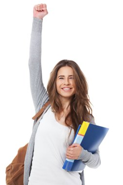 El yükselterek heyecanlı kız öğrencinin elini üzerine beyaz izole..