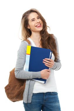 Genç mutlu öğrenci üzerinde beyaz izole.