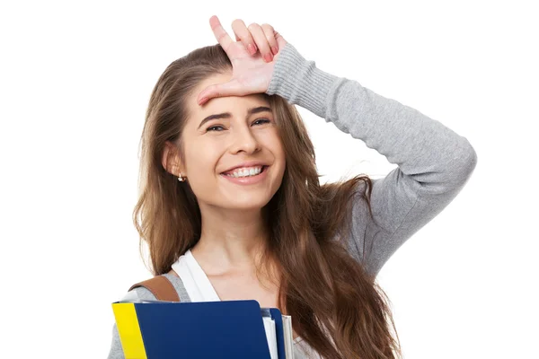 Glückliche Studentin zeigt l Zeichen isoliert. — Stockfoto