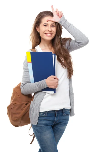 Happy student showing L sign isolated. — Stock Photo, Image