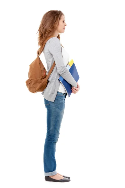 Perfil de estudante feliz do sexo feminino isolado no branco . — Fotografia de Stock