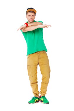 Genç adam b-boying beyaz izole Studio portresi.