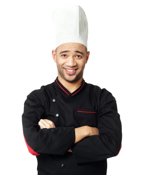 Portret szczęśliwy Afro American profesjonalny kucharz na białym tle. — Zdjęcie stockowe