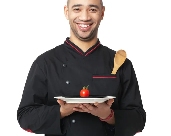 Cozinheiro profissional afro-americano segurando prato isolado no whit — Fotografia de Stock