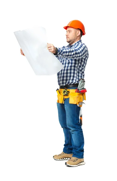 Retrato de construtor de construção isolado em branco . — Fotografia de Stock