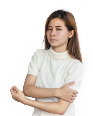 Bir kol ağrısı ile Asyalı kadın  .