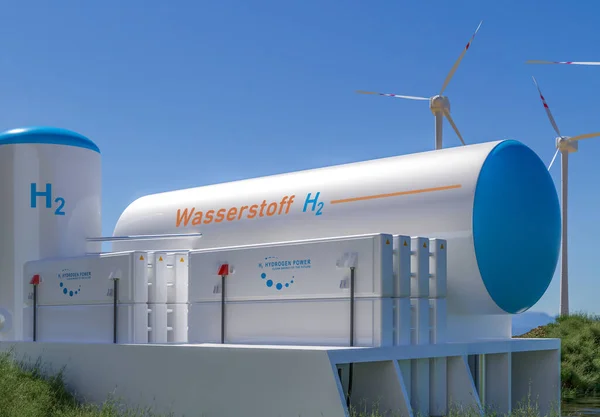 水素再生可能エネルギー生産 クリーン電力用水素ガス太陽光発電および風力発電設備 印刷は Wasserstoff というドイツ語で を意味します 3Dレンダリング — ストック写真
