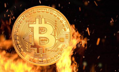 Bitcoin - bit para BTC şifreleme para alevler içinde yanıyor ve ateş parıldıyor
