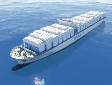 Taşıyıcıdaki Liqiud Hidrojen yenilenebilir enerji - LH2 hidrojen gazı, kriyojenik gazlar için kompozit kriyojenik tankla konteyner gemisinde temiz deniz taşımacılığı için. 3d oluşturma.