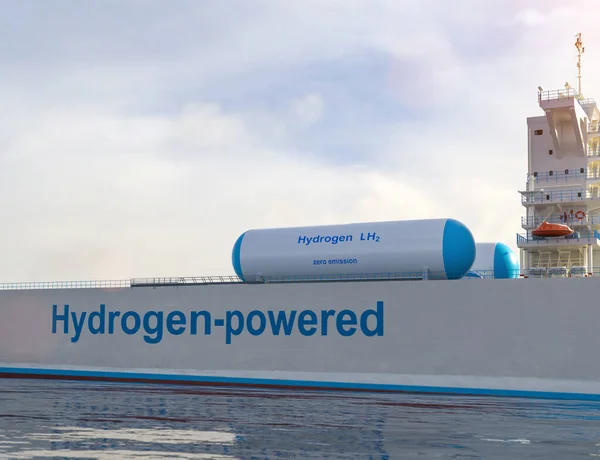 船舶中的Liqiud氢可再生能源 用于集装箱船清洁海运的Lh2氢气体 带有用于低温气体的复合低温箱 3D渲染 — 图库照片