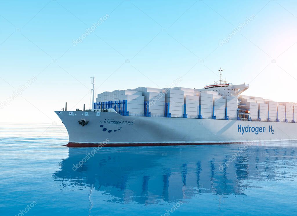 Liqiud Hydrogen renewable energy in vessel - LH2 hydrogen gas for clean sea transportation on container ship with composite cryotank for cryogenic gases. 3d rendering.