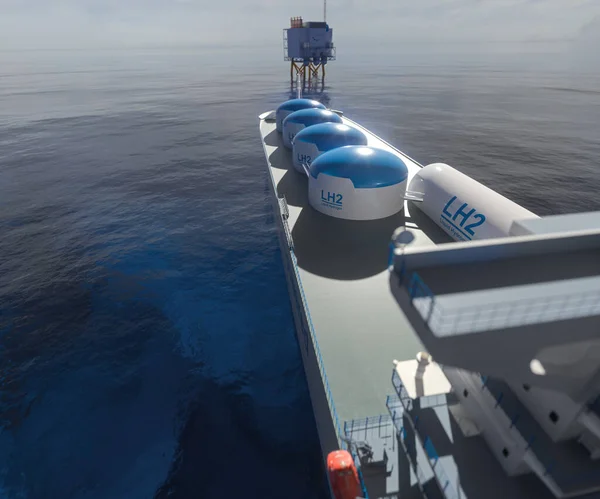 Liqiud Hydrogen renewable energy in vessel - LH2 hydrogen gas for clean sea transportation on container ship with composite cryotank for cryogenic gases. 3d rendering.
