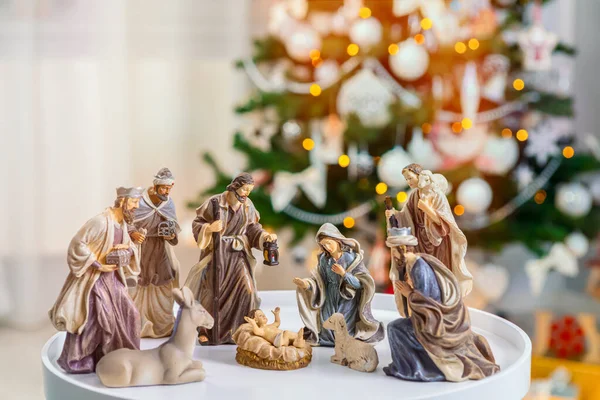 Julkrubba Scen Med Figurer Som Jesus Maria Josef Får Och — Stockfoto