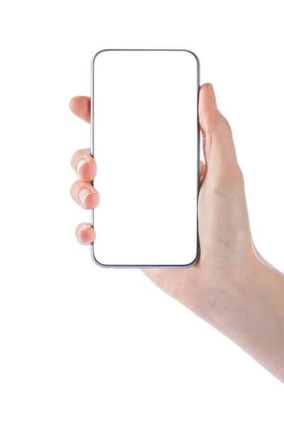 Young Girl Hands Holding Black Smart Phone Isolated White Clipping — Stock Photo, Image