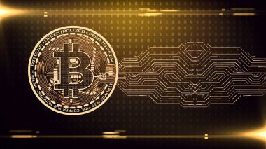 Bitcoin kripto blok zinciri ikili altın arka planda. Dijital siber uzayda dijital para soyut arkaplan. 