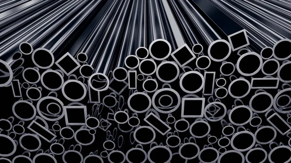 Montón Tubos Acero Negro Sobre Fondo Negro Concepto Industria Metalúrgica — Foto de Stock