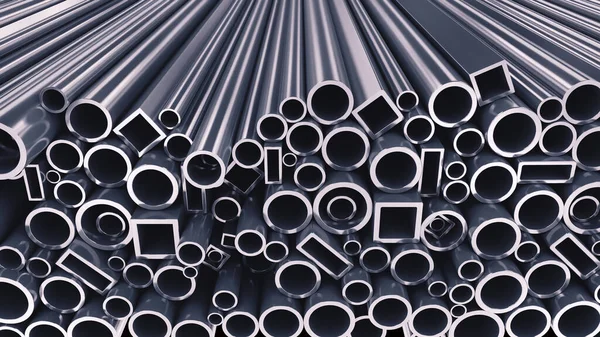 Hromada Stříbrných Ocelových Trubek Šedém Pozadí Koncept Metalurgického Průmyslu — Stock fotografie
