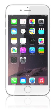 New Silver iPhone 6 Plus showing the home screen with iOS 8 clipart