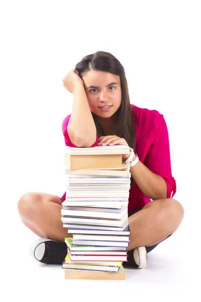 Porträt einer Teenagerin mit ihren Büchern auf Weiß — Stockfoto