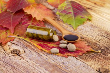 ilaç şişesi, yaprak ve tahta kaşık şurubu hapları 