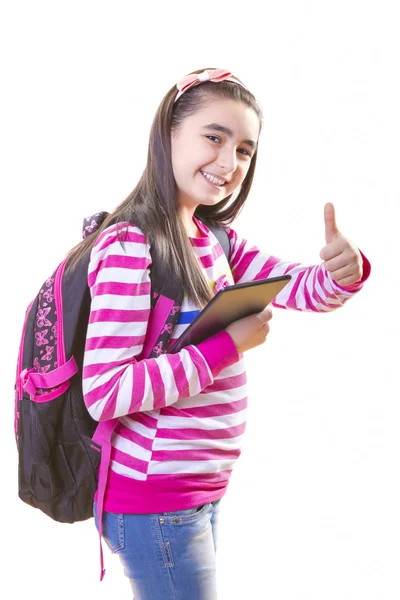 Schöne Teenager-Mädchen mit Rucksack und digitalem Tablet — Stockfoto