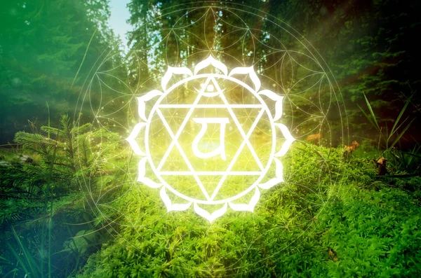 Símbolo Anahata Chakra Sobre Fundo Natural Verde Este Quarto Chakra — Fotografia de Stock