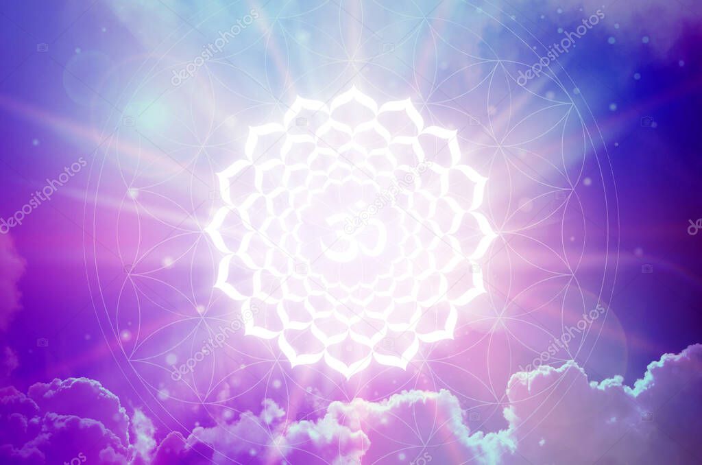 Sahasrara Chakra symbol on a purple background. This is the seventh Chakra, also called The Crown Chakra