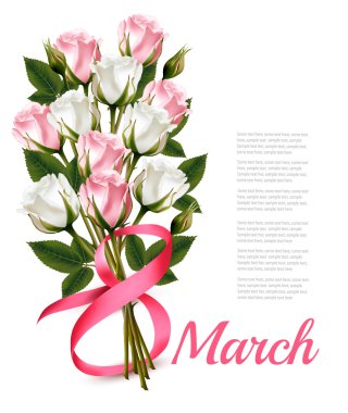 8 Mart vintage illüstrasyon. Beyaz ve pembe gül buketi. Ve
